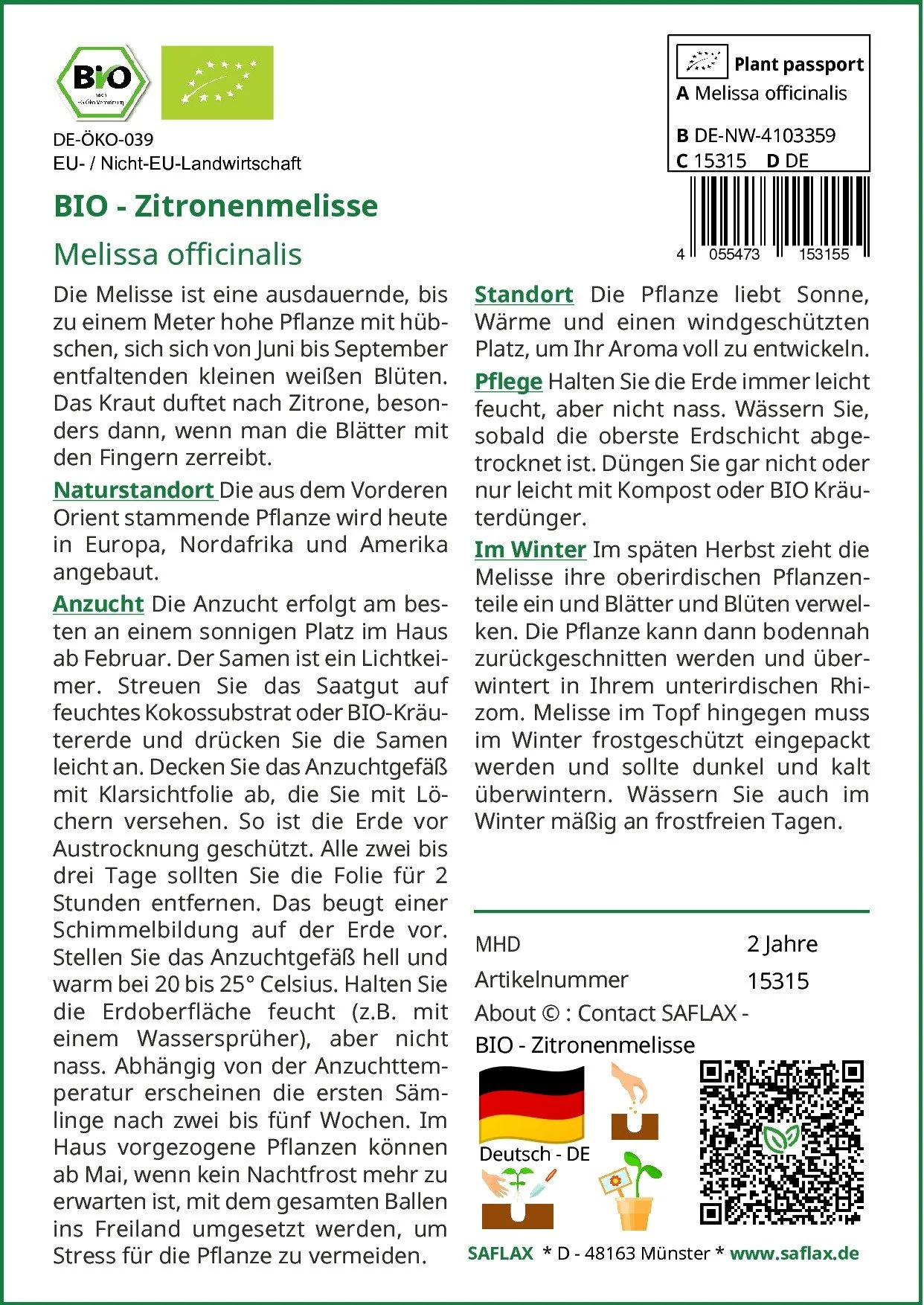 SAFLAX BIO Zitronenmelisse Kräutersamen