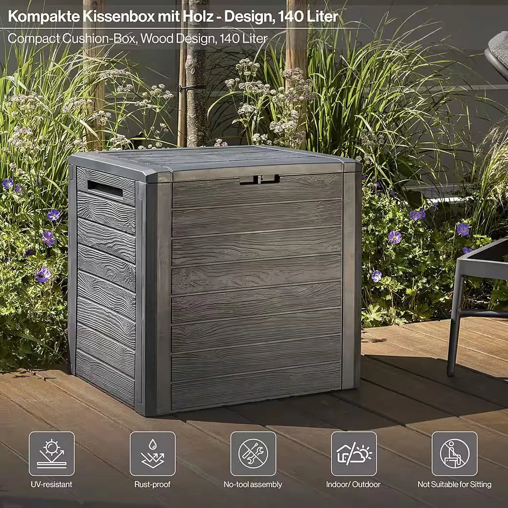 KREHER Kissenbox WOOD 140 L Holzoptik Anthrazit Auflagenbox Garten