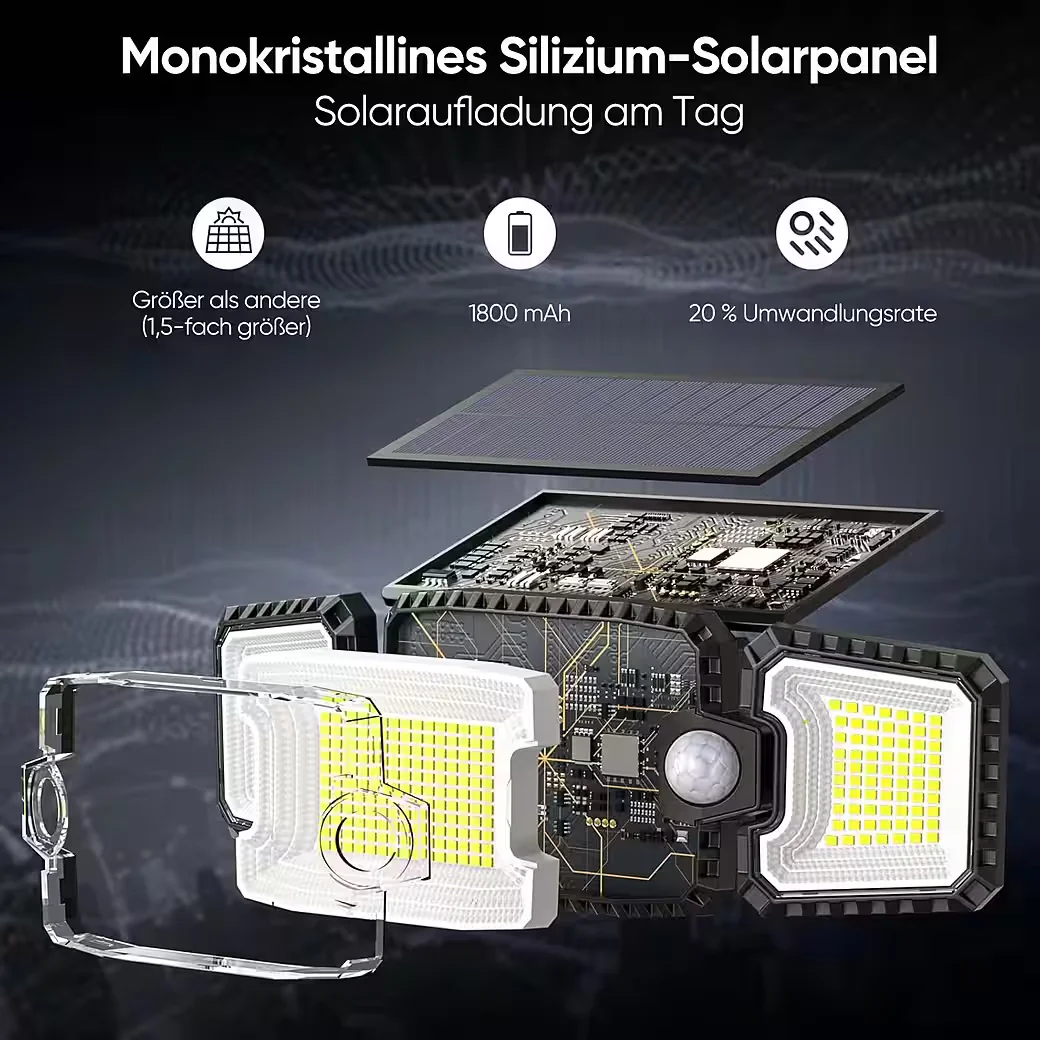 QUNTIS LED Solarleuchte Außen 2 Bewegungsmelder 305 LEDs IP65 2500 lm
