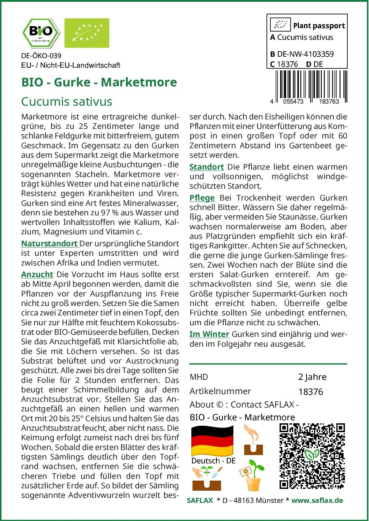 SAFLAX Bio Gurke Marketmore Gemüsesamen