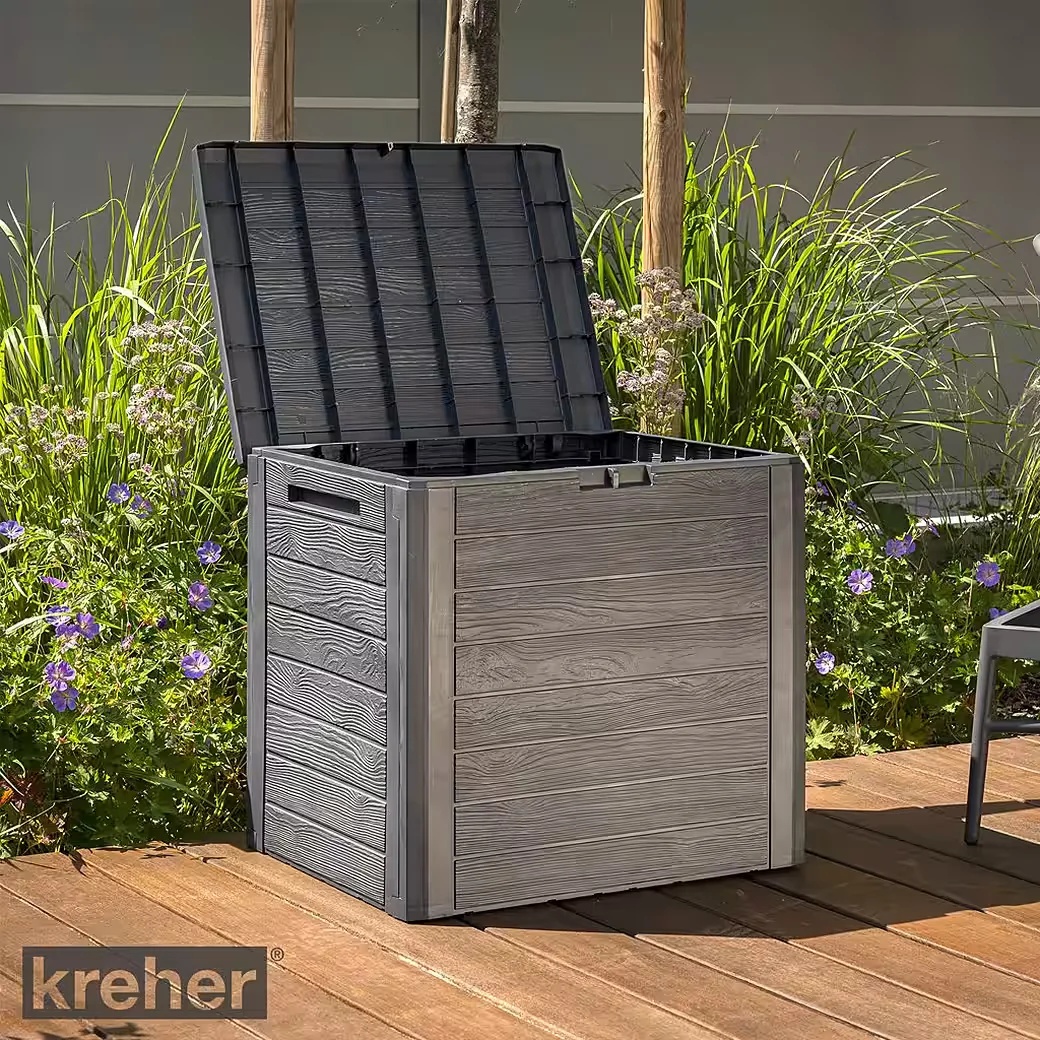 KREHER Kissenbox WOOD 140 L Holzoptik Anthrazit Auflagenbox Garten
