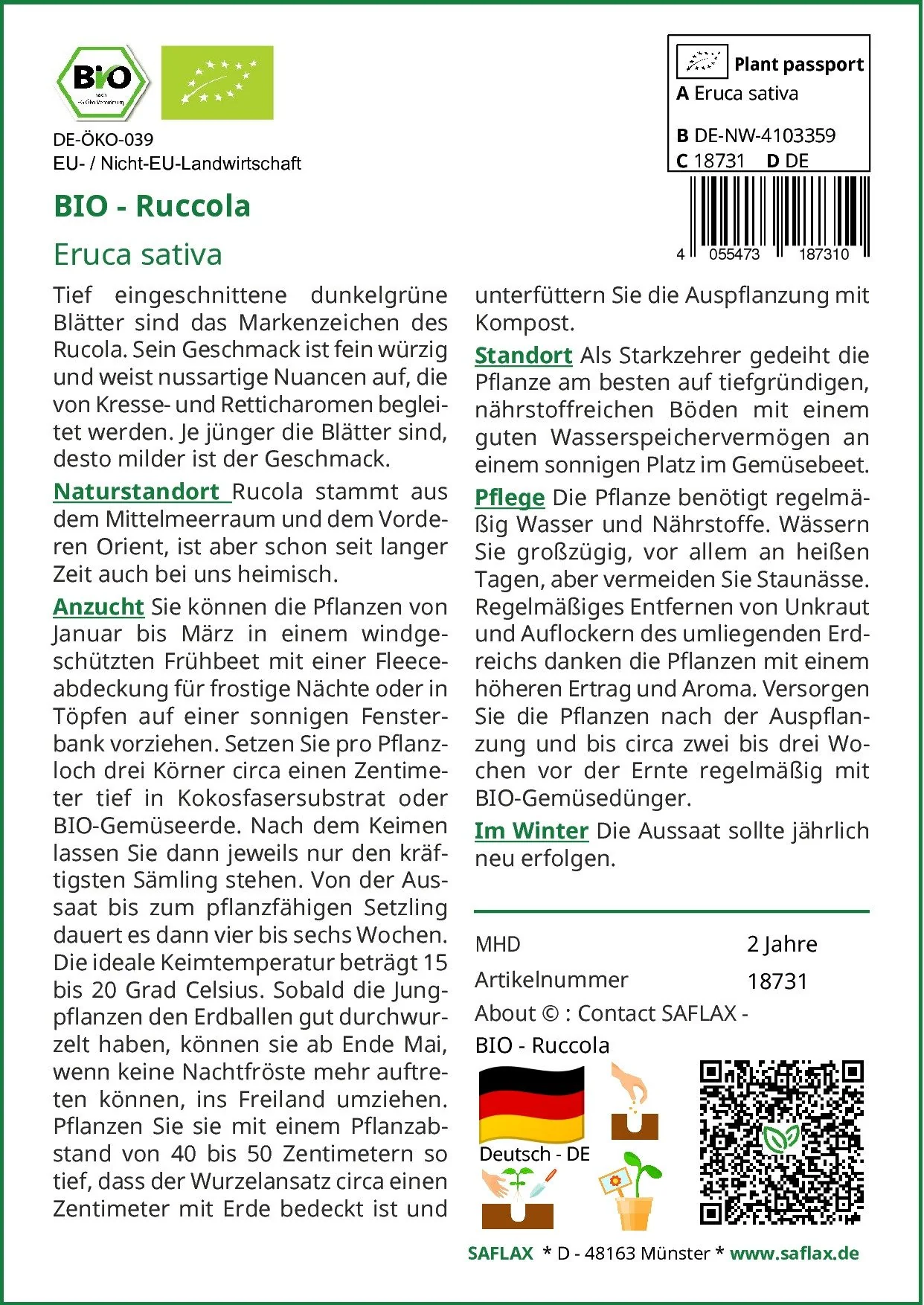 SAFLAX Bio Rucola Gemüsesamen