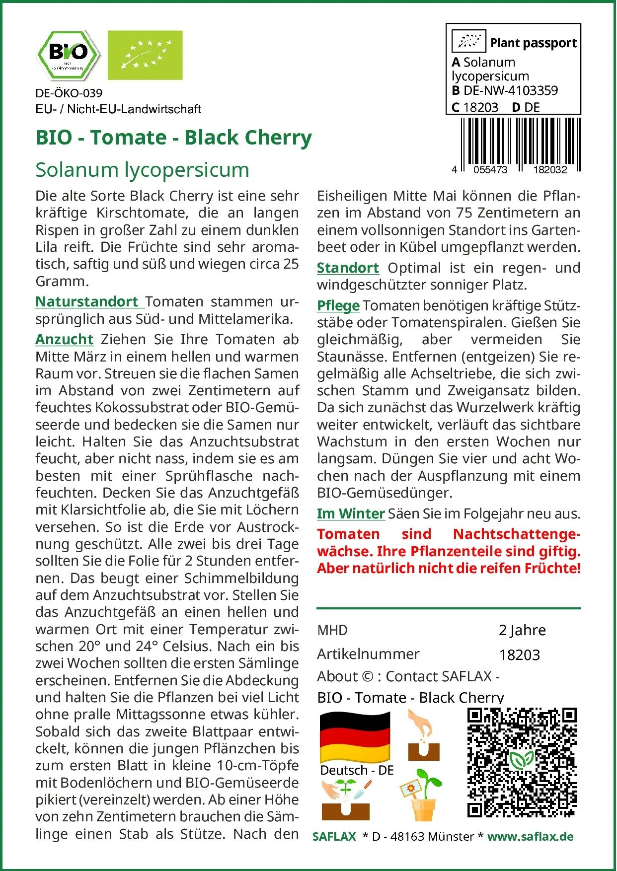 SAFLAX Bio Tomatensamen Black Cherry Cherrytomate