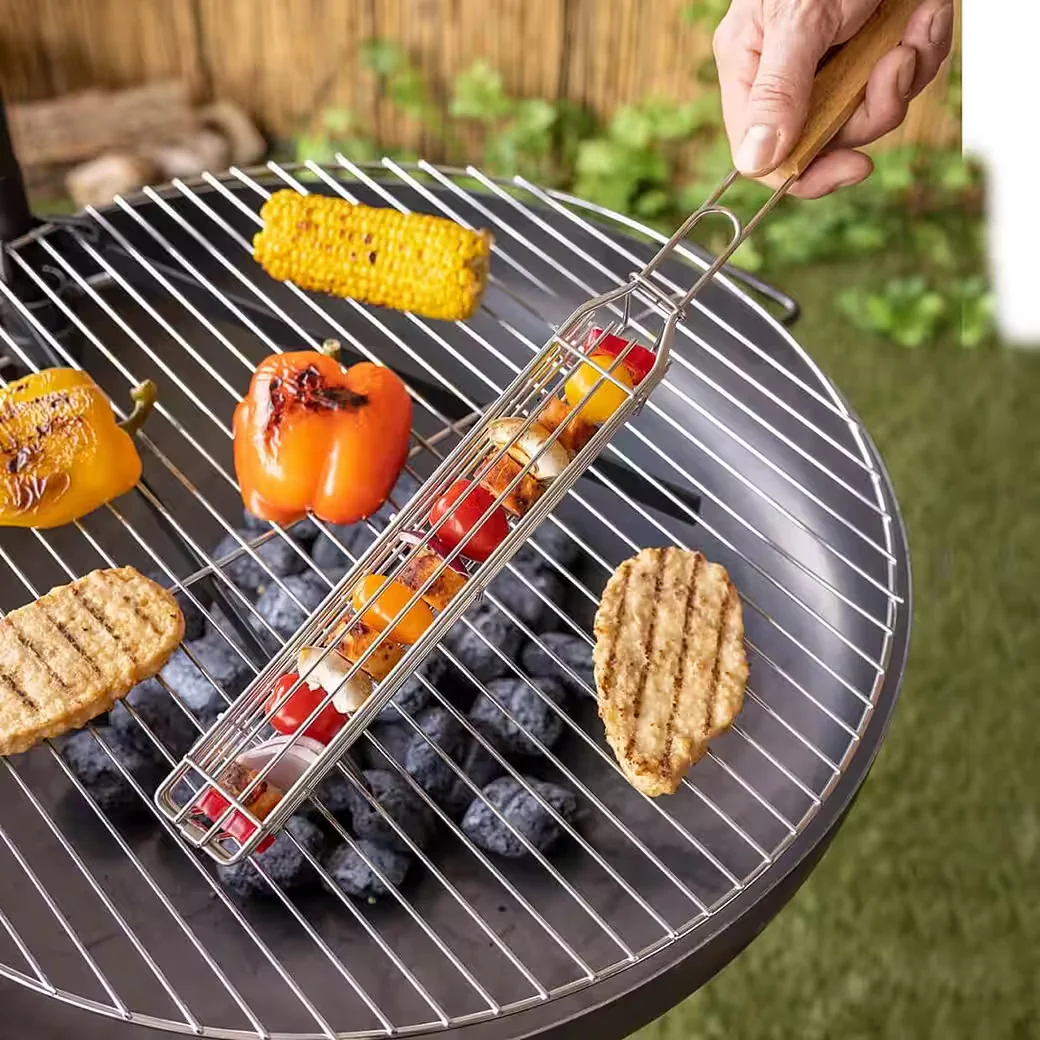 DEGAWO Feuerschale Grill Gemüsehalter Edelstahl mit Holzgriff Camping