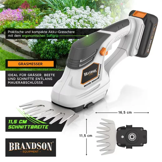 Brandson Akku-Grasschere 2in1 mit Gras- und Strauchmesser inkl Akku