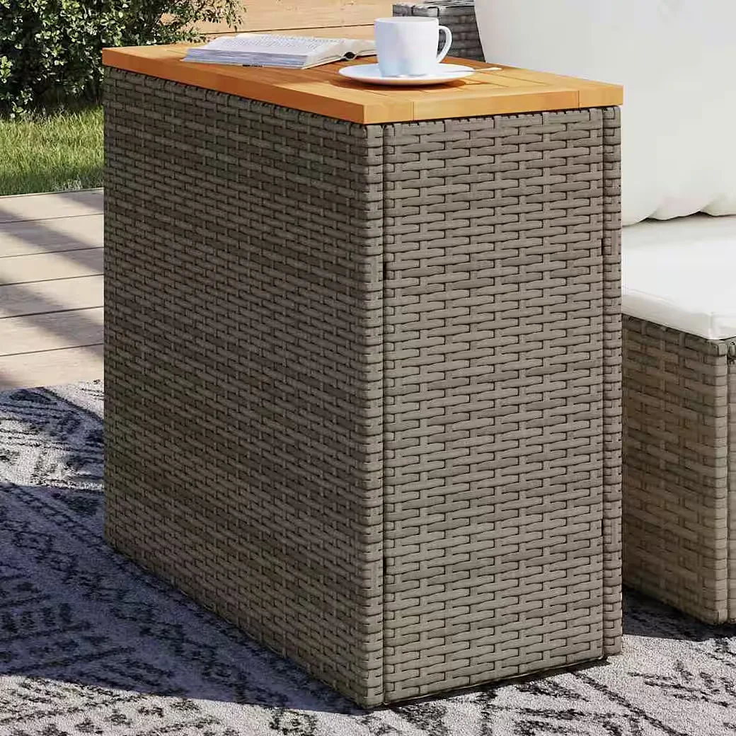 vidaXL Garten-Beistelltisch Rattan Grau mit Holzplatte 58x27,5x55 cm