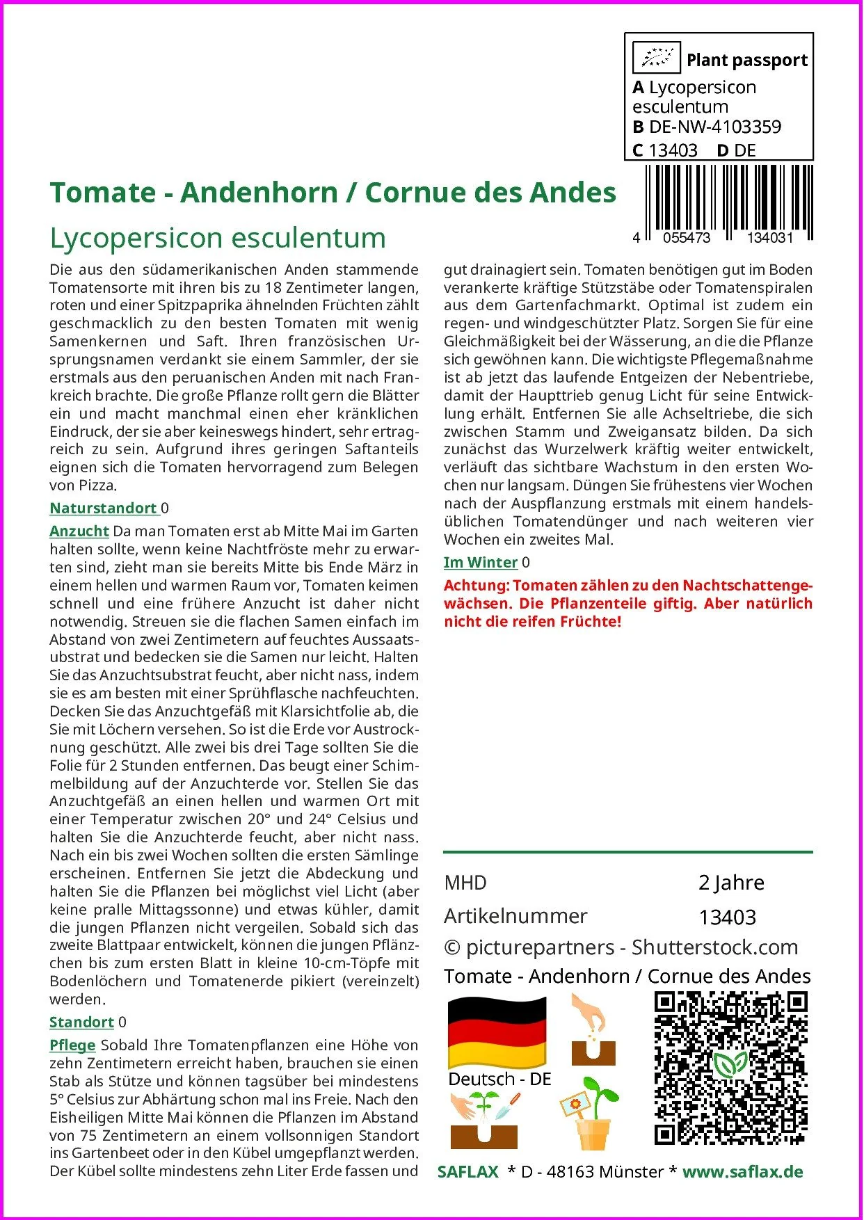SAFLAX Tomatensamen Andenhorn Cornue des Andes