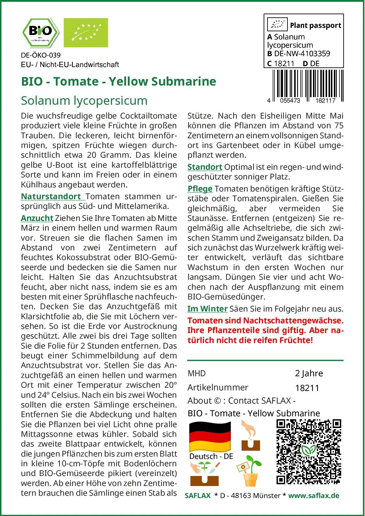 SAFLAX Bio Tomatensamen Yellow Submarine