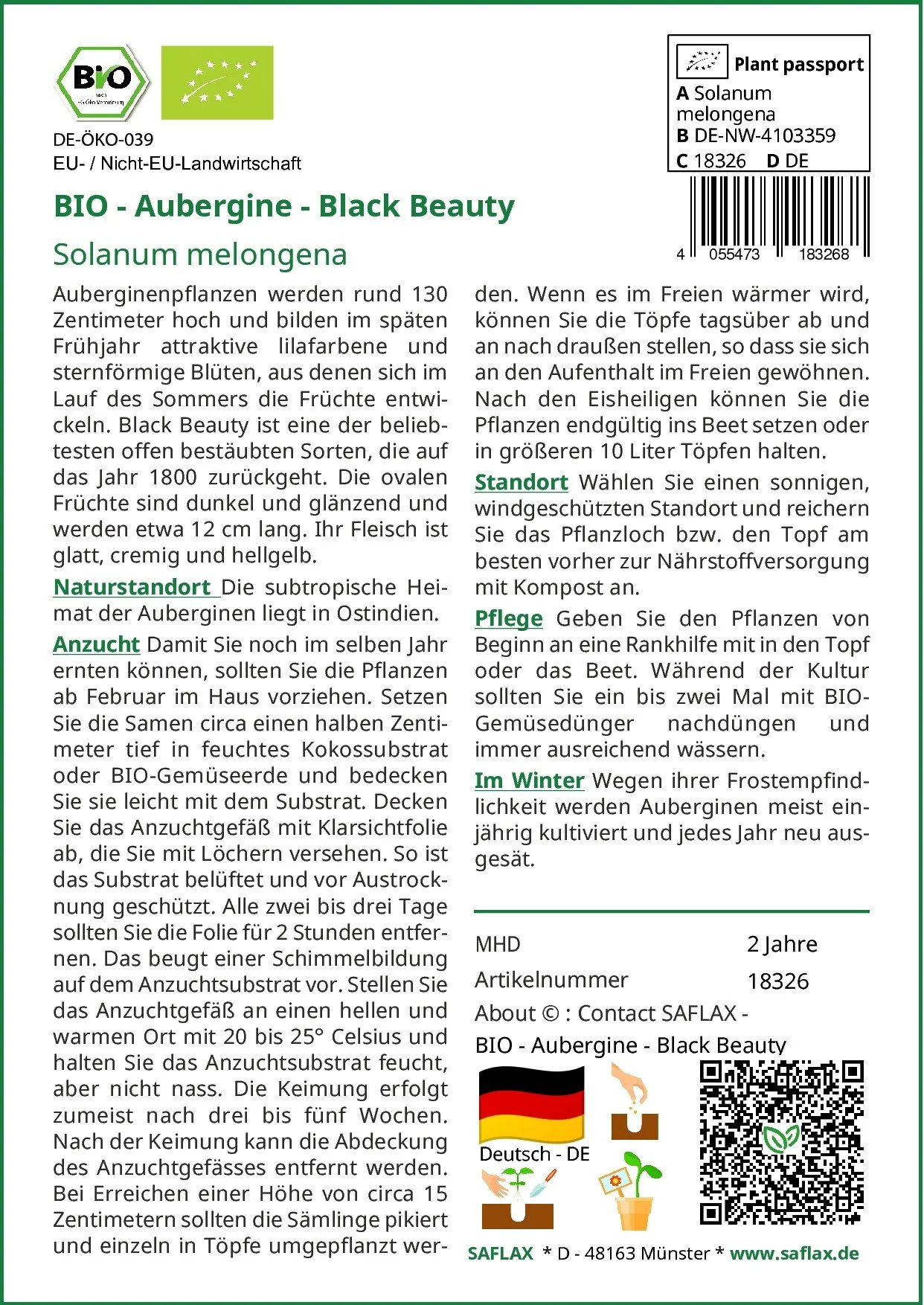 SAFLAX Bio Aubergine Black Beauty Saatgut Gemüsesamen