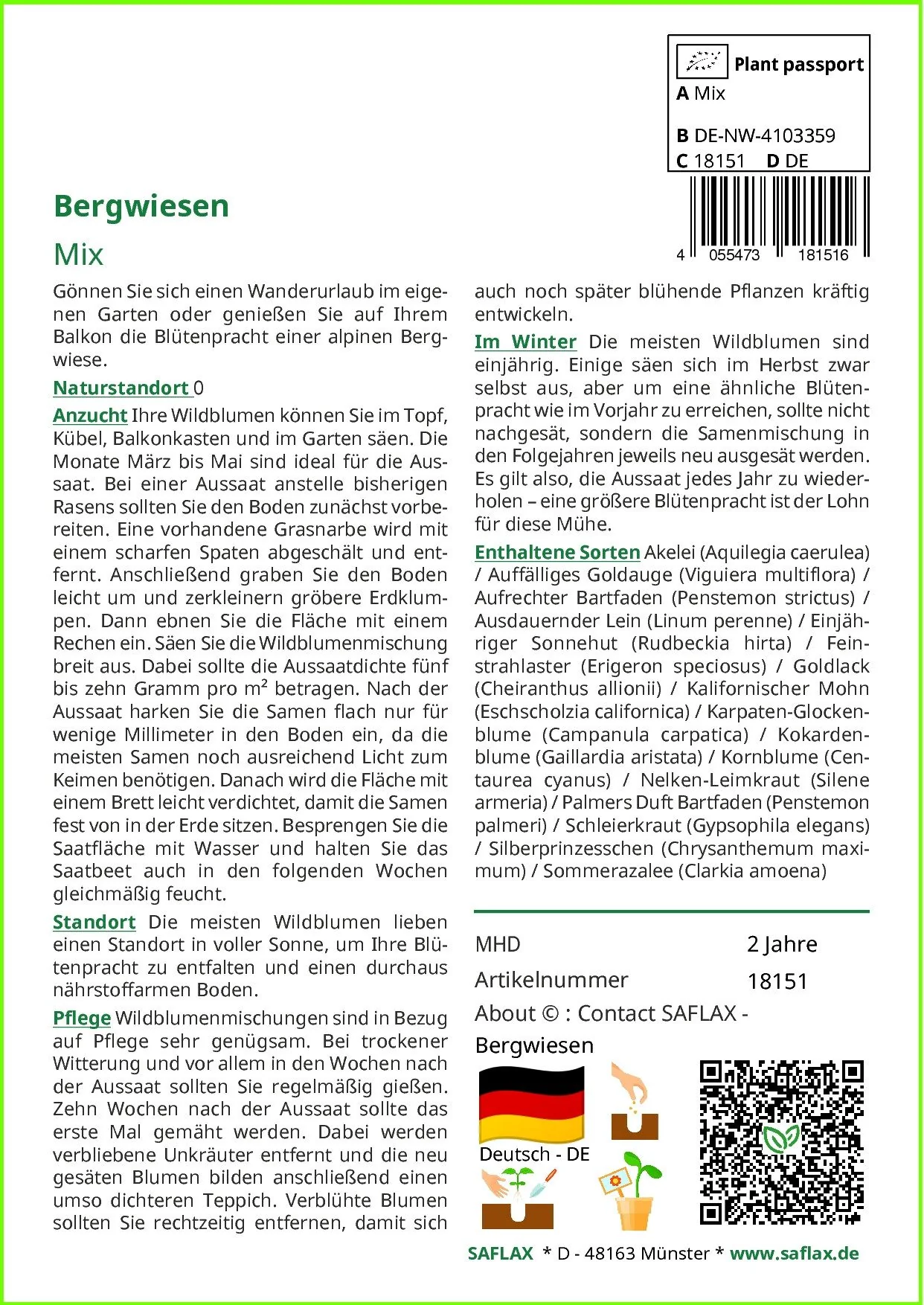 SAFLAX Blumensamen Bergwiesen Wildblumen Saatgut