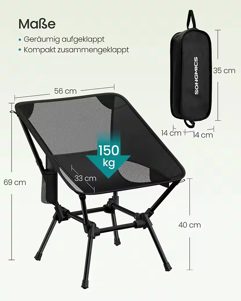 SONGMICS Campingstuhl Klappstuhl, bis 150 kg, 1,65 oder 1,85 kg