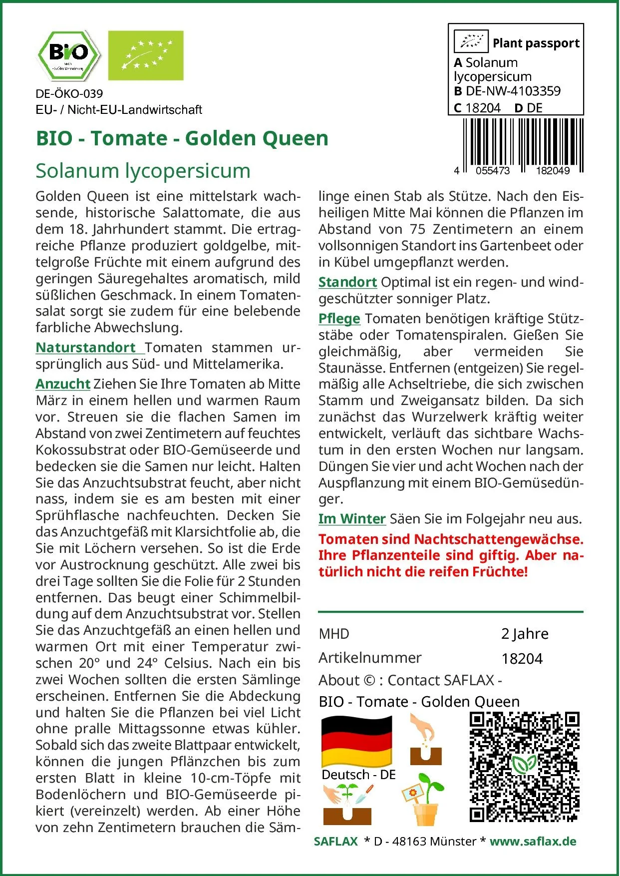 SAFLAX Bio Tomatensamen Golden Queen