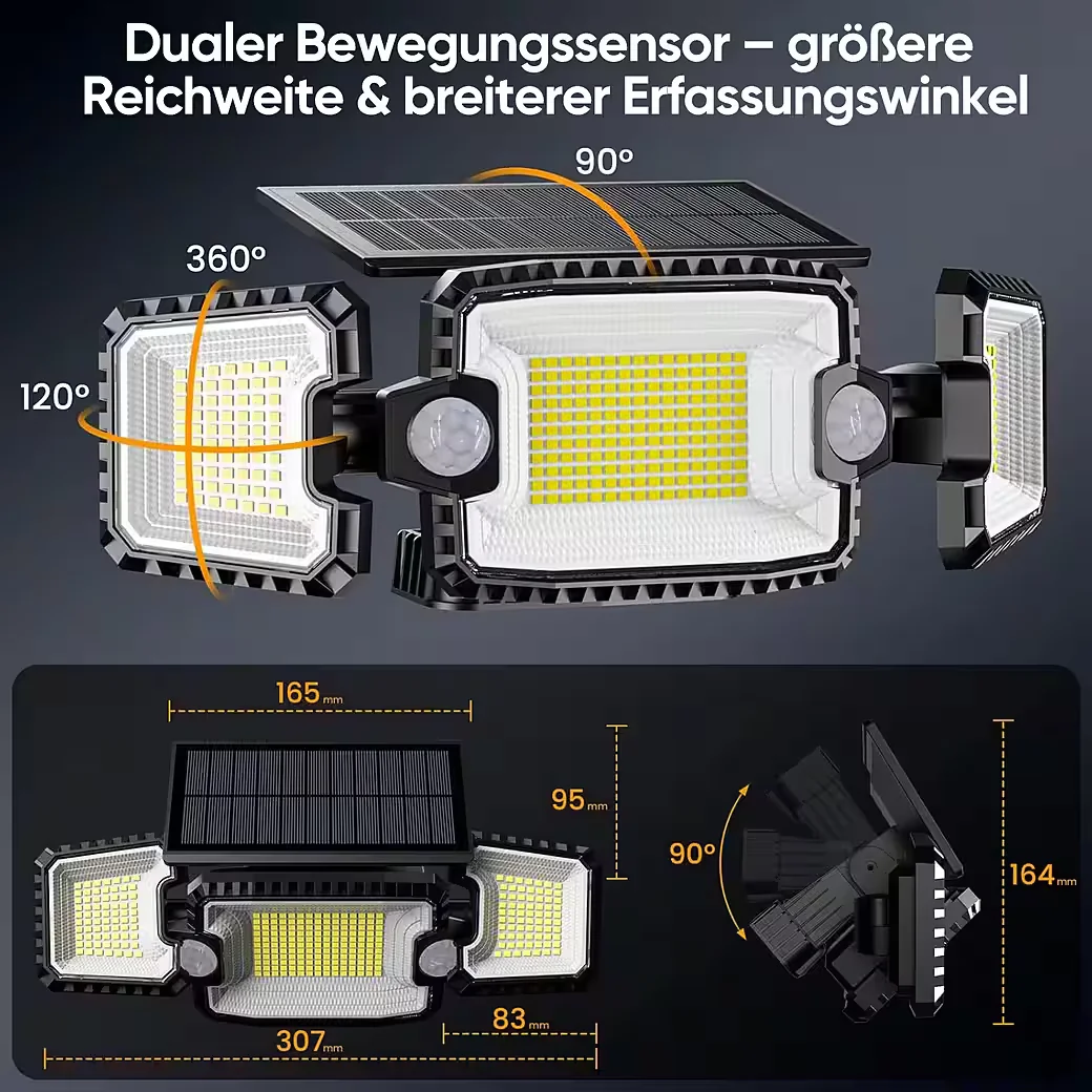 QUNTIS LED Solarleuchte Außen 2 Bewegungsmelder 305 LEDs IP65 2500 lm