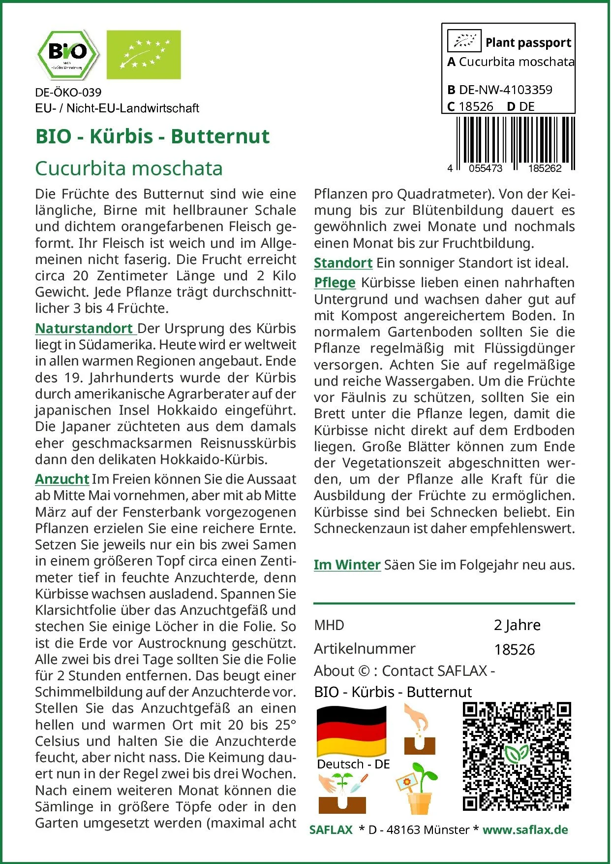 SAFLAX Bio Butternut-Kürbis Gemüsesamen