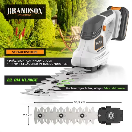 Brandson Akku-Grasschere 2in1 mit Gras- und Strauchmesser inkl Akku