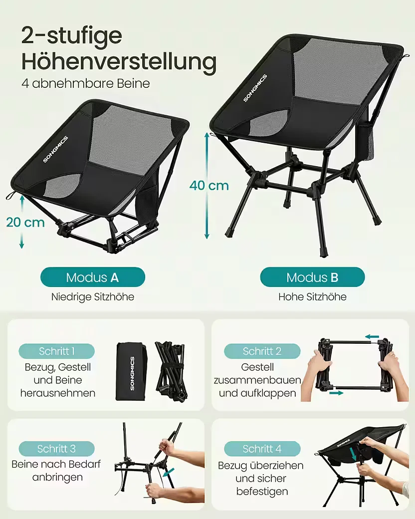 SONGMICS Campingstuhl Klappstuhl, bis 150 kg, 1,65 oder 1,85 kg