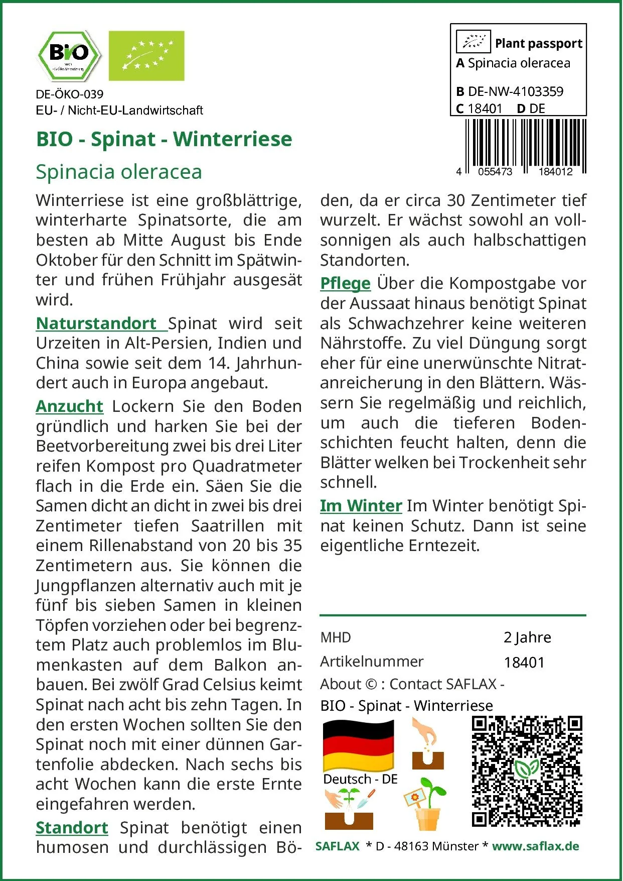 SAFLAX Bio Spinat Samen Winterriese Gemüsesamen