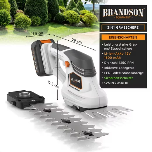Brandson Akku-Grasschere 2in1 mit Gras- und Strauchmesser inkl Akku