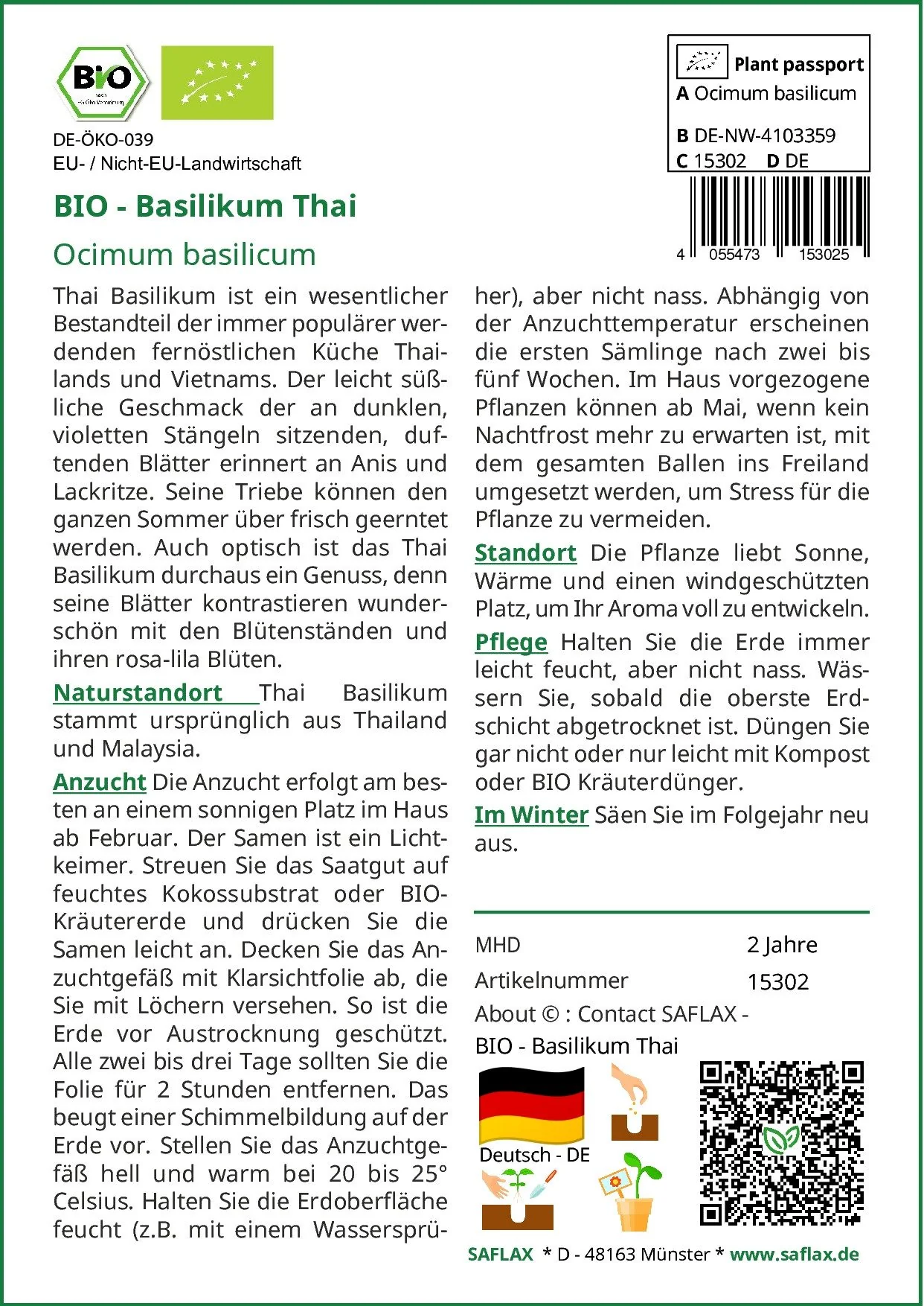 SAFLAX Bio Thai Basilikum Samen