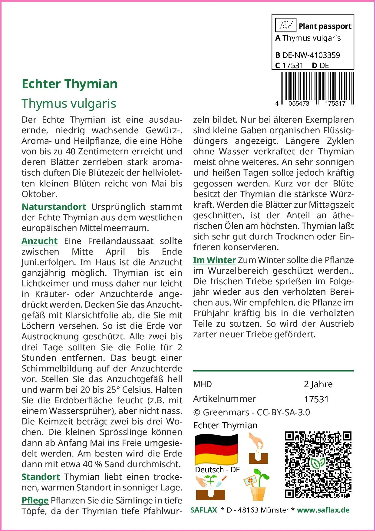 SAFLAX Echter Thymian Kräutersamen