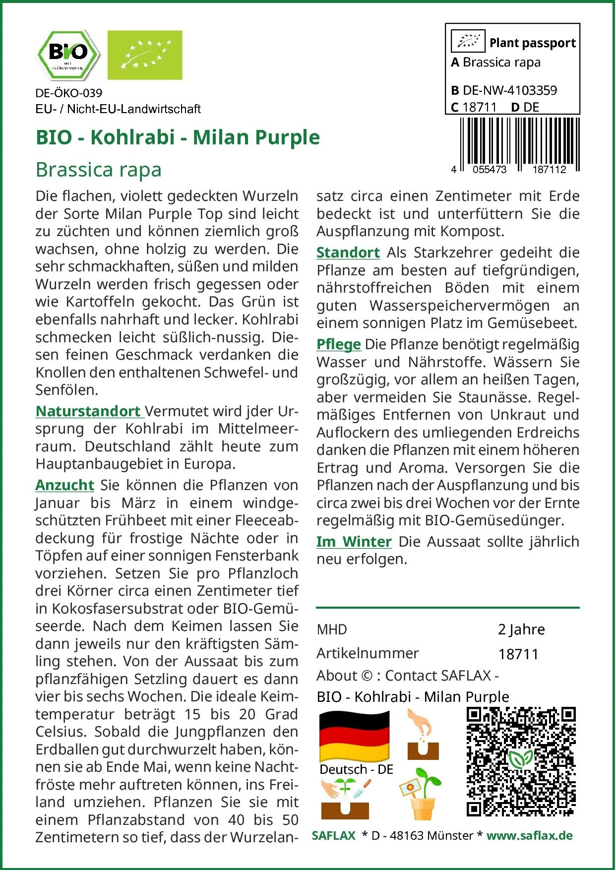 SAFLAX Bio Kohlrabi Milan Purple Samen