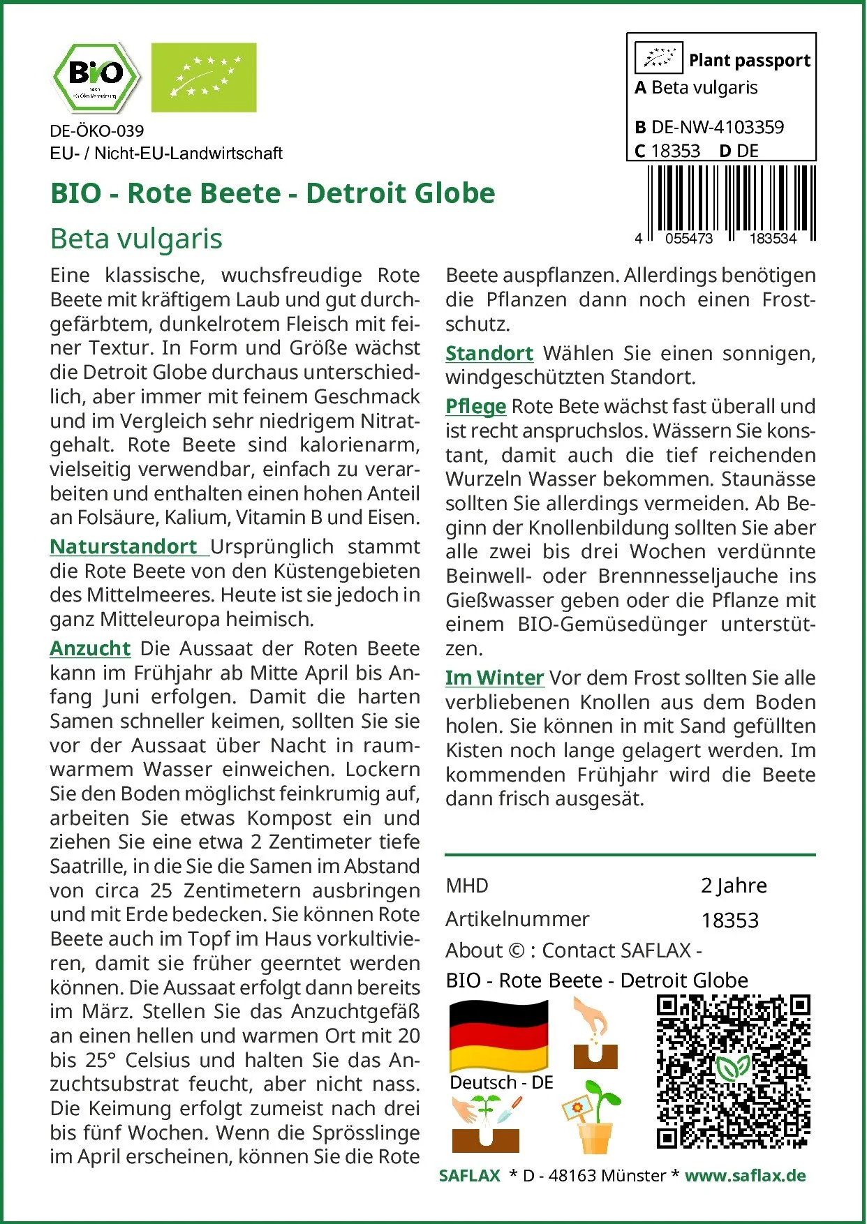 SAFLAX Bio Gemüsesamen Rote Bete Detroit Globe