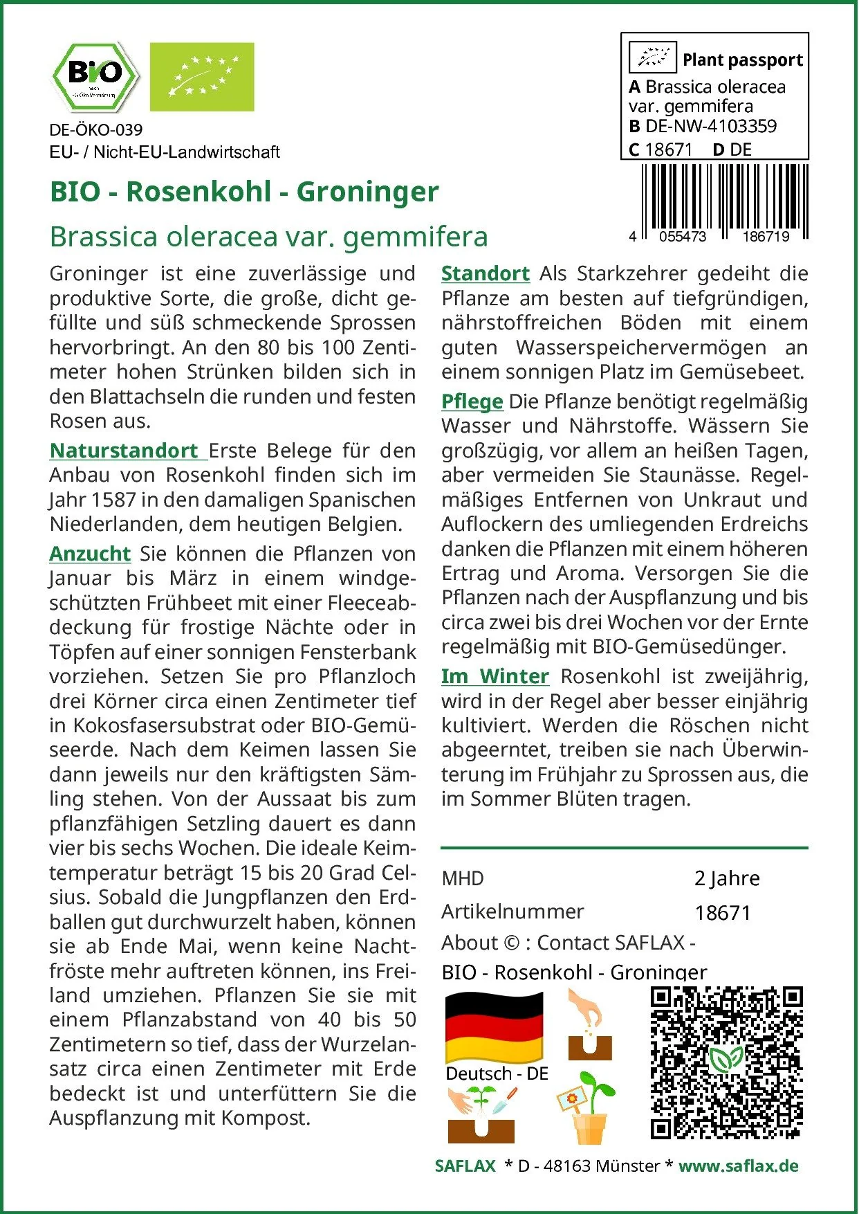 SAFLAX Bio Rosenkohl Gemüsesamen Groninger